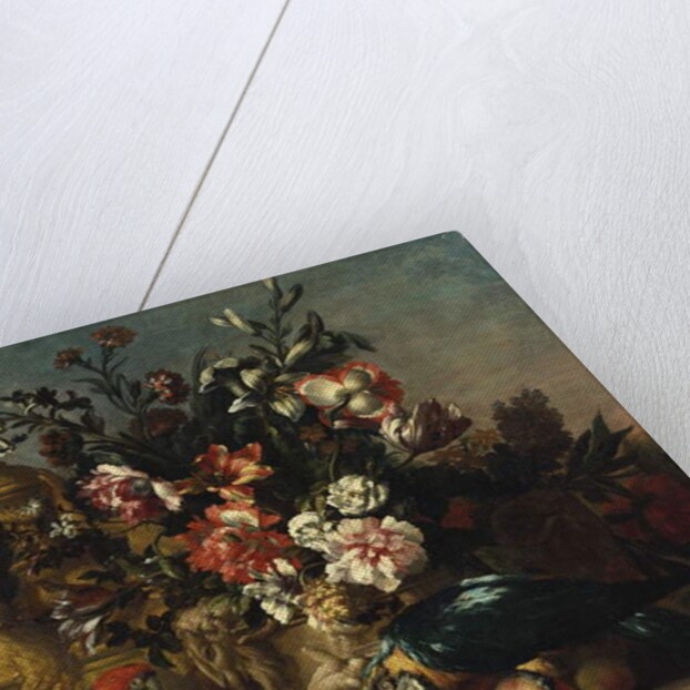 Carnations and other flowers with parrots on a pedestal by Pieter Casteels