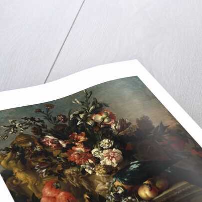 Carnations and other flowers with parrots on a pedestal by Pieter Casteels