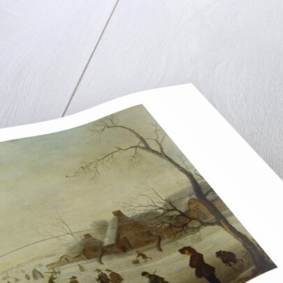 Winter landscape with numerous skaters, golf players and peasants on frozen waterways by Antoni Verstralen