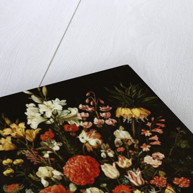 Tulips, lilies, irises, roses, carnations, peonies and other flowers in a sculpted terracotta urn by Osias the Elder Beert