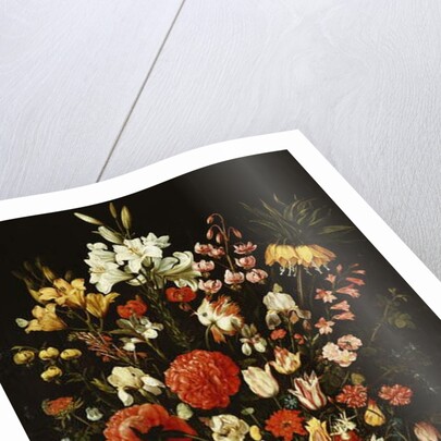 Tulips, lilies, irises, roses, carnations, peonies and other flowers in a sculpted terracotta urn by Osias the Elder Beert