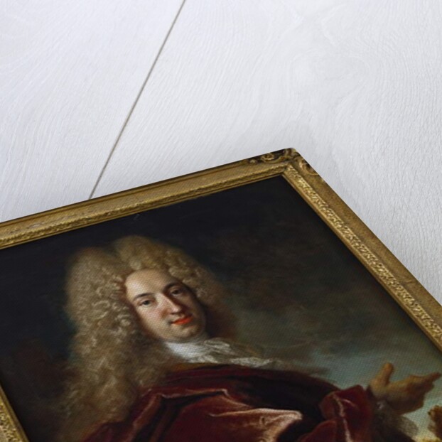 Portrait of a gentleman, wearing a long wig, lace jabot and burgundy cloak by Nicolas de Largilliere