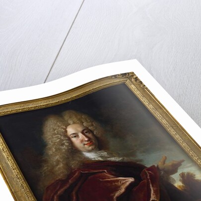 Portrait of a gentleman, wearing a long wig, lace jabot and burgundy cloak by Nicolas de Largilliere