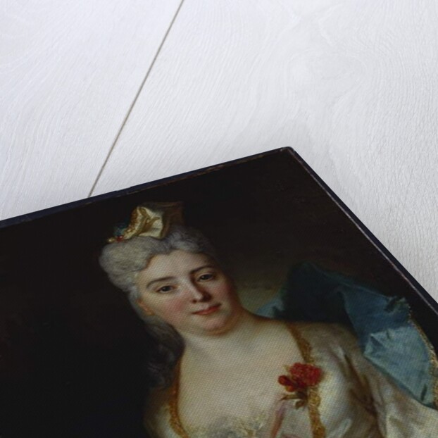 Portrait of a lady, wearing a white dress and a blue cloak by Nicolas de Largilliere