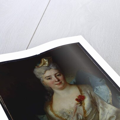 Portrait of a lady, wearing a white dress and a blue cloak by Nicolas de Largilliere