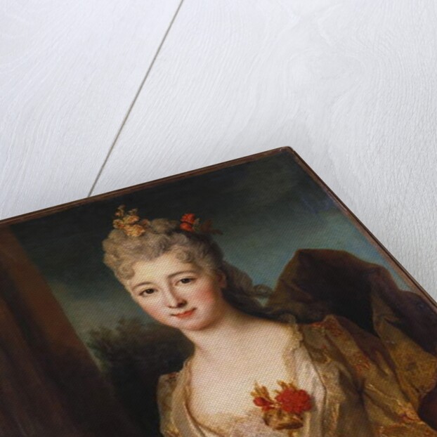 Portrait of a lady, half length, in a white and gold embroidered dress, with flowers in her hair by Nicolas de Largilliere