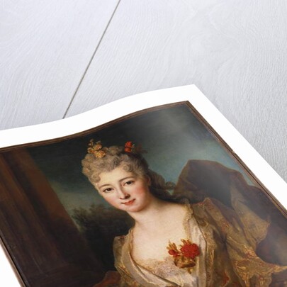 Portrait of a lady, half length, in a white and gold embroidered dress, with flowers in her hair by Nicolas de Largilliere