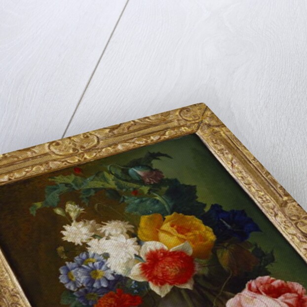 Roses, poppies, morning glory and other flowers in a vase with a bird's nest on a ledge by Jan van Os