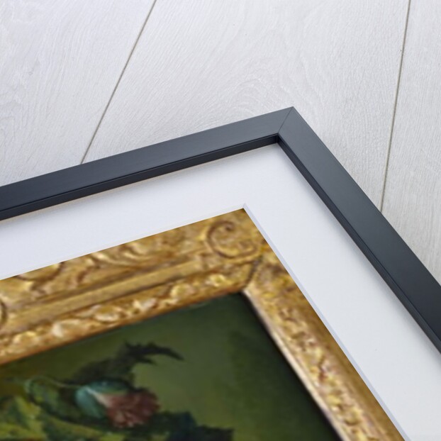 Roses, poppies, morning glory and other flowers in a vase with a bird's nest on a ledge by Jan van Os