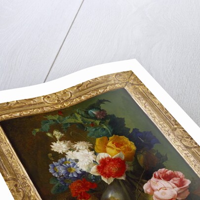 Roses, poppies, morning glory and other flowers in a vase with a bird's nest on a ledge by Jan van Os