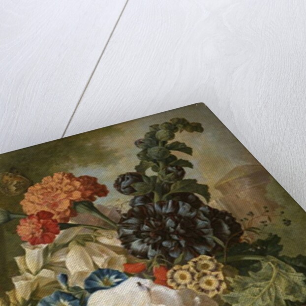 Roses, chrysanthemums, peonies and other flowers in a glass vase with goldfish on a stone ledge by Jan van Os