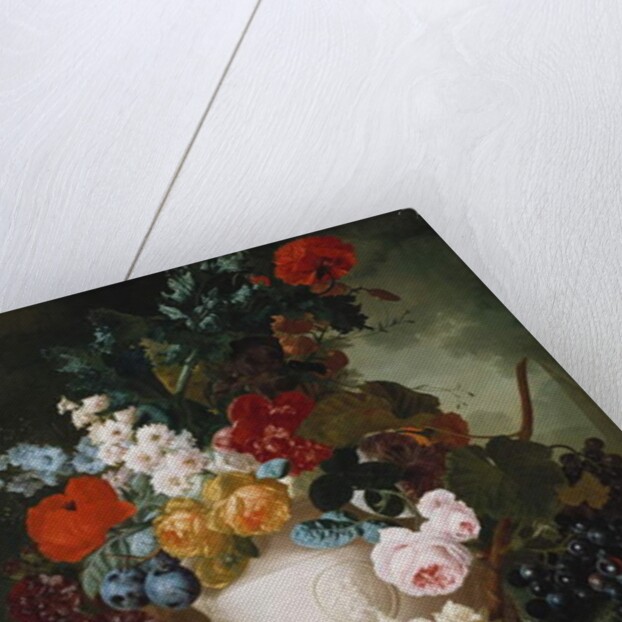 Roses, poppies and other flowers in a sculpted vase with fruit, a mouse and a bird's nest on a stone ledge by Jan van Os