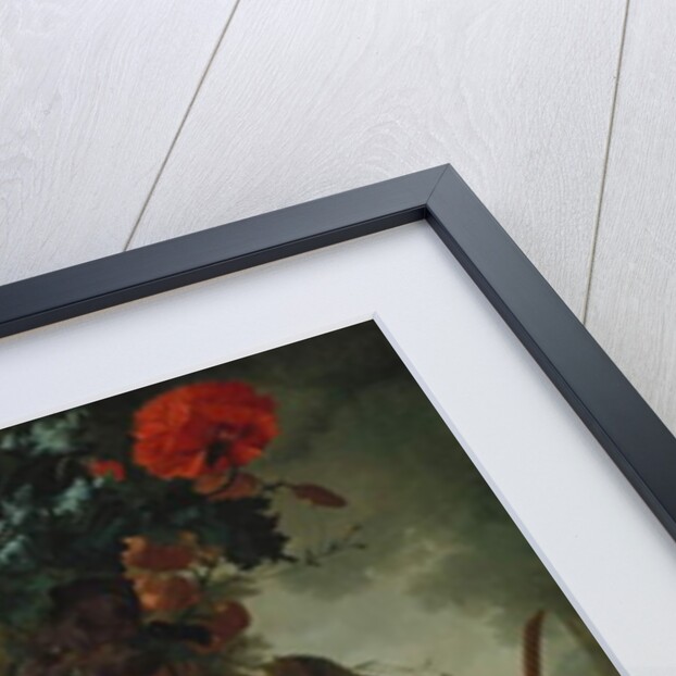 Roses, poppies and other flowers in a sculpted vase with fruit, a mouse and a bird's nest on a stone ledge by Jan van Os