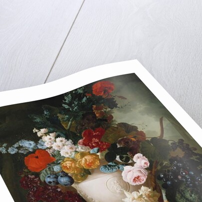 Roses, poppies and other flowers in a sculpted vase with fruit, a mouse and a bird's nest on a stone ledge by Jan van Os