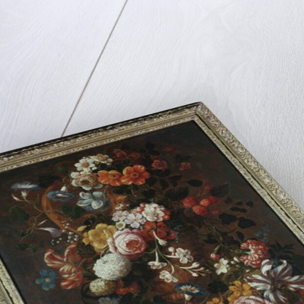 Roses, dahlias, convolvulus, a tulip and other flowers, in a sculpted urn, with grapes, plums and peaches nearby by Nicholaes van Verendael