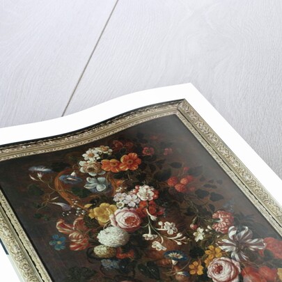 Roses, dahlias, convolvulus, a tulip and other flowers, in a sculpted urn, with grapes, plums and peaches nearby by Nicholaes van Verendael