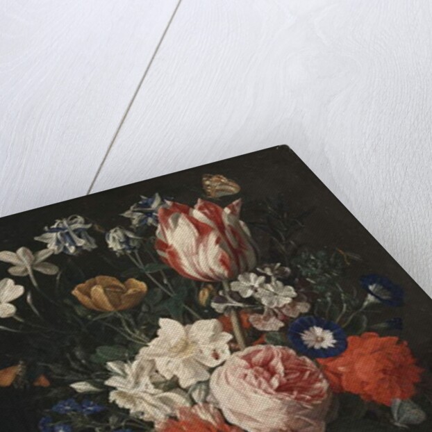 A rose, a tulip, morning glory and other flowers in a glass vase on a stone ledge, 1671 by Nicholaes van Verendael