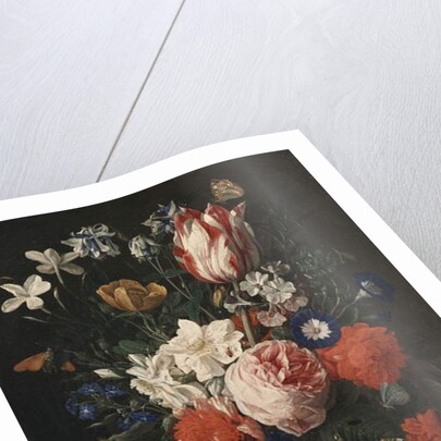 A rose, a tulip, morning glory and other flowers in a glass vase on a stone ledge, 1671 by Nicholaes van Verendael