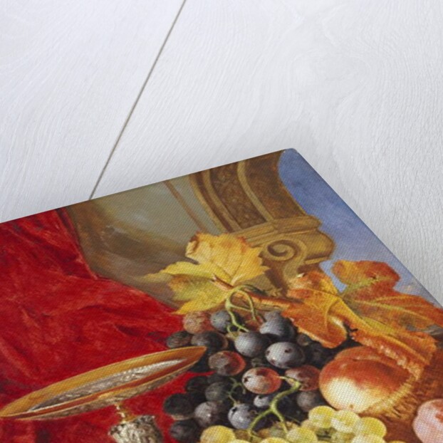 Grapes and a peach with a tazza on a table at a window by Edward Ladell