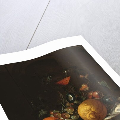 A Lemon, an Orange, Grapes, an Oyster, and a Glass of Wine on a Ledge by Cornelis de Heem