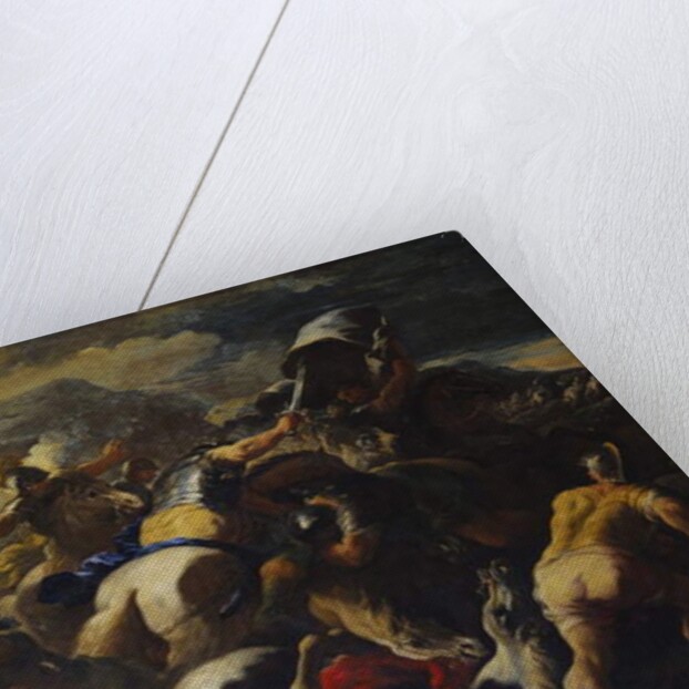 The Battle between the Israelites and the Amalekites, Aaron and Hur supporting Moses' arms on a hilltop beyond by Luca Giordano