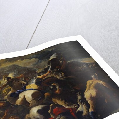 The Battle between the Israelites and the Amalekites, Aaron and Hur supporting Moses' arms on a hilltop beyond by Luca Giordano