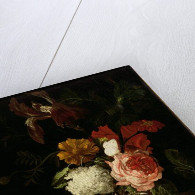 A Rose, and Iris, Lilac and other Flowers in an Auricular Silver Vase with a Snail and a Butterfly on a draped Ledge by Willem van Aelst