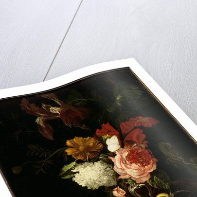 A Rose, and Iris, Lilac and other Flowers in an Auricular Silver Vase with a Snail and a Butterfly on a draped Ledge by Willem van Aelst