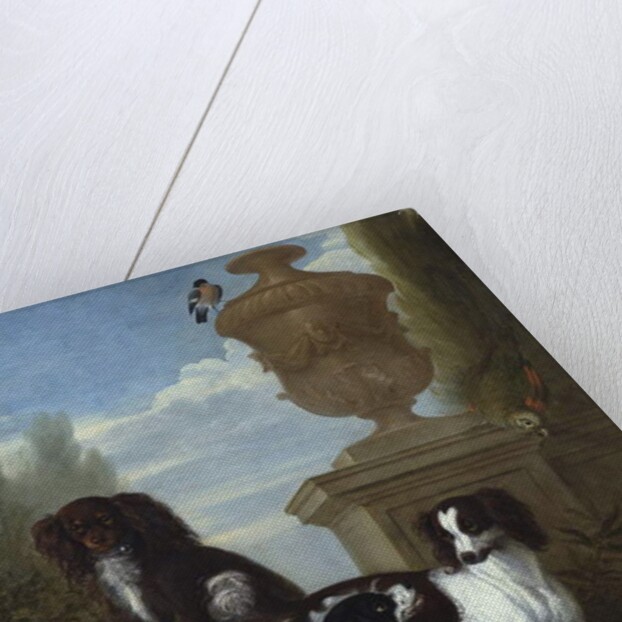 Three Spaniels by an Urn in a Wooded Landscape by John Wootton