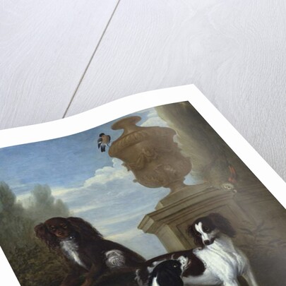 Three Spaniels by an Urn in a Wooded Landscape by John Wootton
