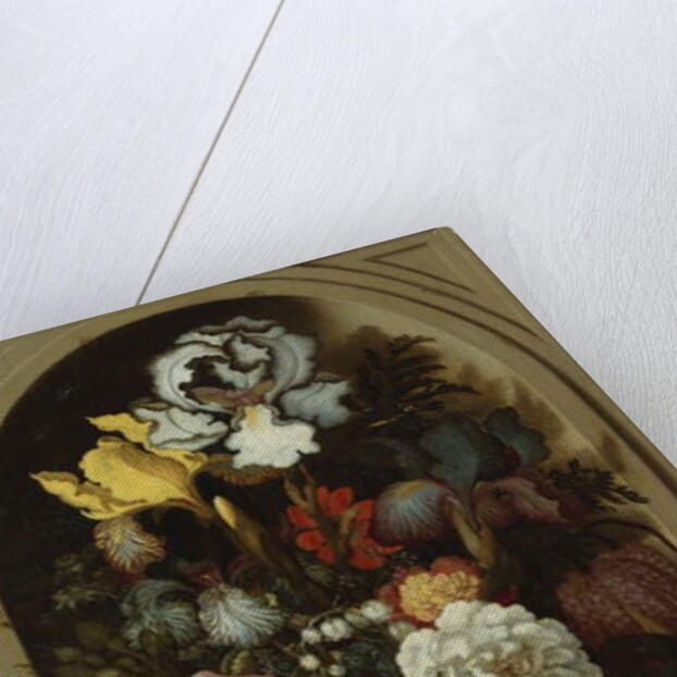 Irises, Roses, Lily of the Valley and other Flowers in a Glass Vase in a Niche, 1621 by Balthasar van der Ast