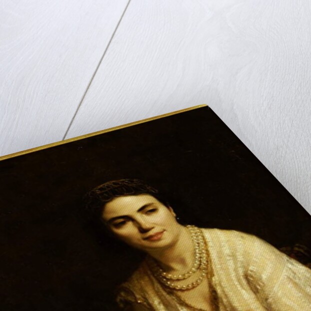 Portrait of a Woman wearing a Pearl Necklace and holding a Fan by Alexei Alexevich Harlamoff