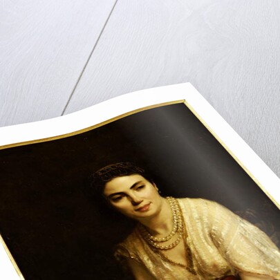 Portrait of a Woman wearing a Pearl Necklace and holding a Fan by Alexei Alexevich Harlamoff