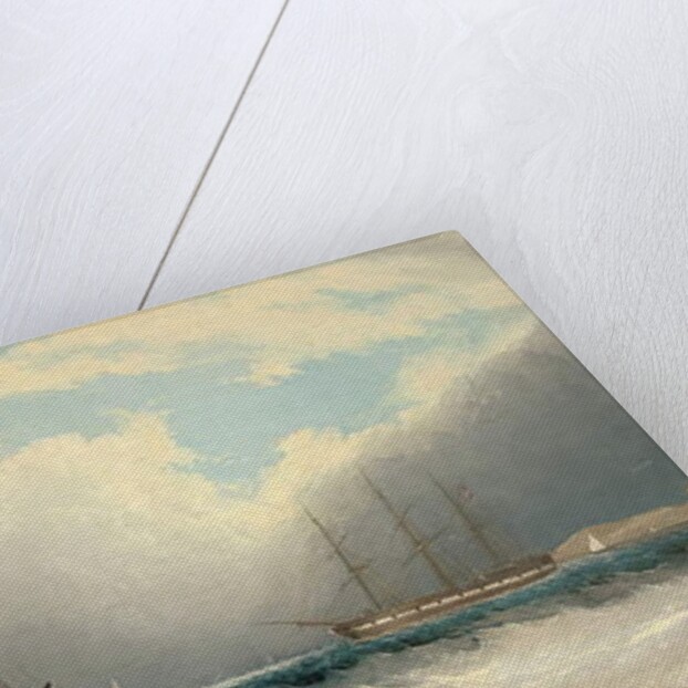 A barge running out of harbour, a frigate riding on her anchor beyond by David James