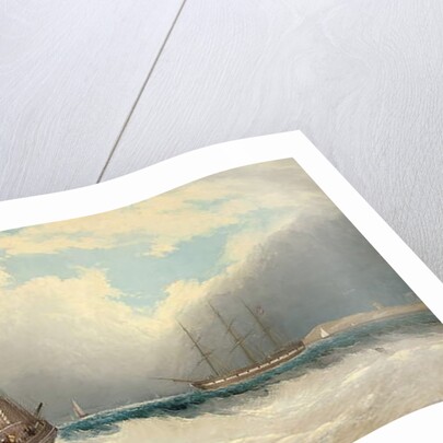 A barge running out of harbour, a frigate riding on her anchor beyond by David James