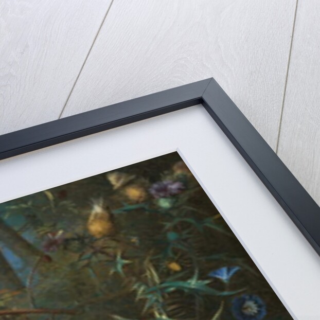 forest floor still life with a frog and a mushroom, mountains beyond by Matthias Withoos