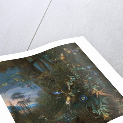 forest floor still life with a frog and a mushroom, mountains beyond by Matthias Withoos