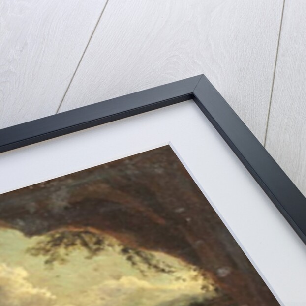 Interior of a grotto with an antique vase and ruins, three pilgrims at the entrance by Matthias Withoos