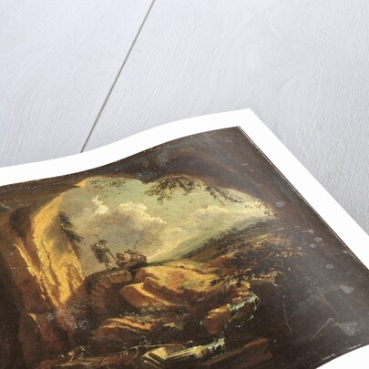 Interior of a grotto with an antique vase and ruins, three pilgrims at the entrance by Matthias Withoos