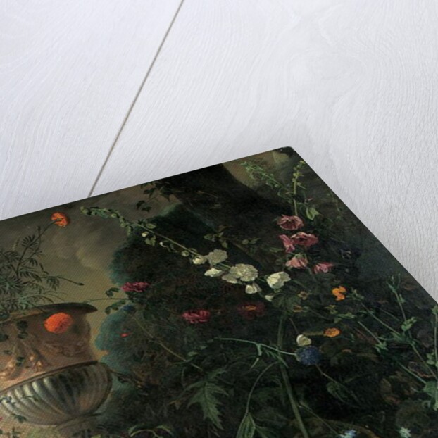 Hollyhocks, roses, a blue-lace flower, sunflower and toadstools, with marigolds in an urn by a tree by Matthias Withoos