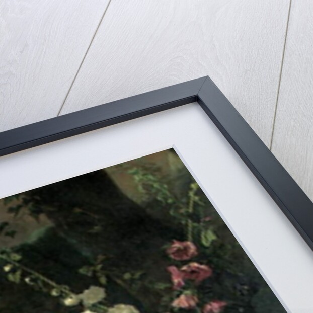 Hollyhocks, roses, a blue-lace flower, sunflower and toadstools, with marigolds in an urn by a tree by Matthias Withoos