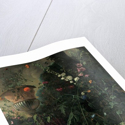 Hollyhocks, roses, a blue-lace flower, sunflower and toadstools, with marigolds in an urn by a tree by Matthias Withoos