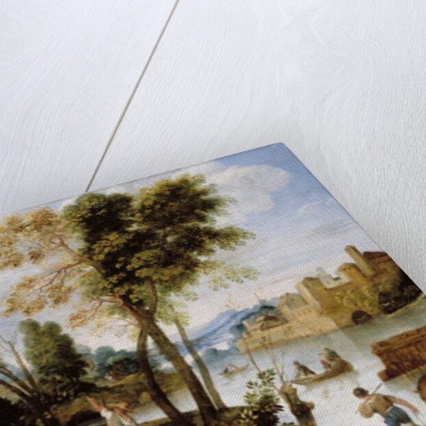 Italianate river landscape with poling boatman and woman with a basket of crabs, c.1604-05 by Domenichino