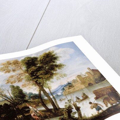Italianate river landscape with poling boatman and woman with a basket of crabs, c.1604-05 by Domenichino