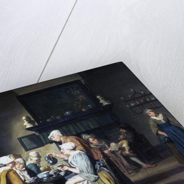 Bourgeois interior with ladies drinking tea, a man reading by the fireplace by Jan Josef the Elder Horemans