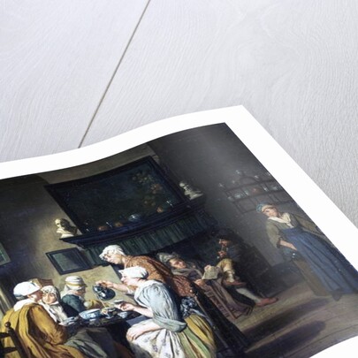 Bourgeois interior with ladies drinking tea, a man reading by the fireplace by Jan Josef the Elder Horemans