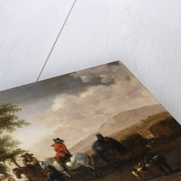 Travellers on horseback taking refreshment on a mountain pass, in an Italianate landscape by Gerrit Adriaensz Berckheyde