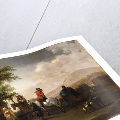 Travellers on horseback taking refreshment on a mountain pass, in an Italianate landscape by Gerrit Adriaensz Berckheyde