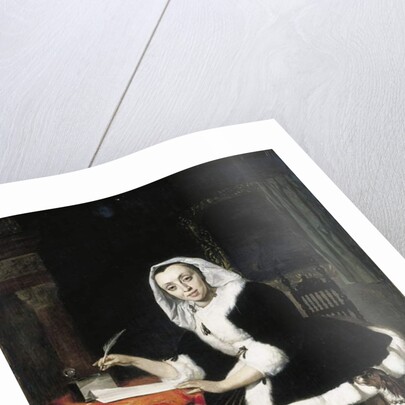 An elegant lady writing at her desk, with a dog beside her by Gabriel Metsu