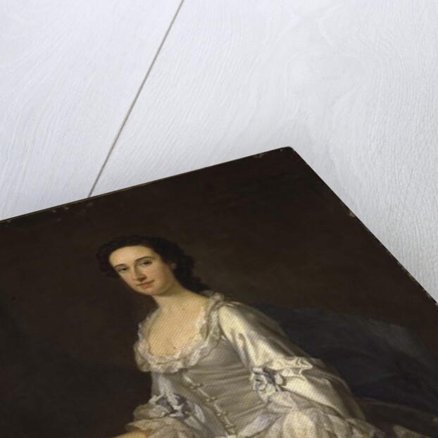 Mary, wife of Henry, 7th Lord Arundell of Wardour, in a grey satin dress, holding roses by a table by George Knapton